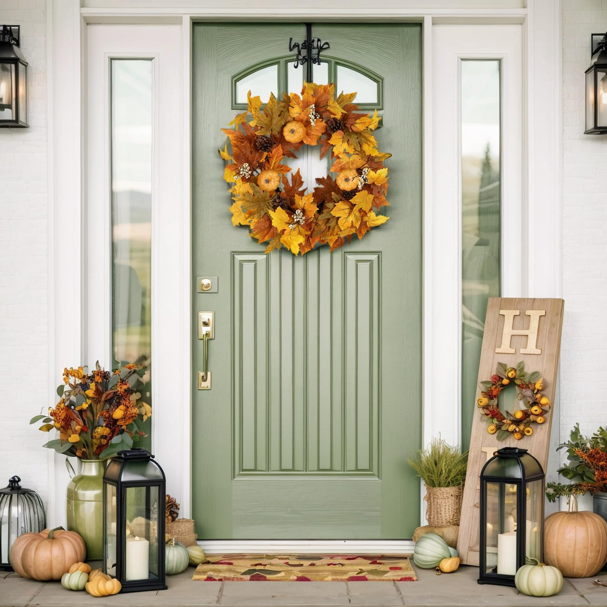 Zmtyykh Fall Wreaths for Front Door Outside Autumn Wreath with Lights Berries Pine Cones Fall Decorations for Home Decor Pumpkin Wreath for Farmhouse Holiday Thanksgiving Harvest Halloween Outdoor