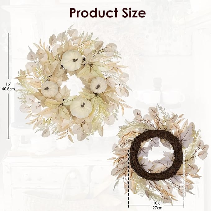 Briful 16'' Cream White Pumpkin Wreath for Fall – Rustic Autumn Front Door Wreath with Faux Leaves, Seeded Branches & Grapevine Base – Farmhouse Thanksgiving Wall Decor for Indoor, Covered Outdoor