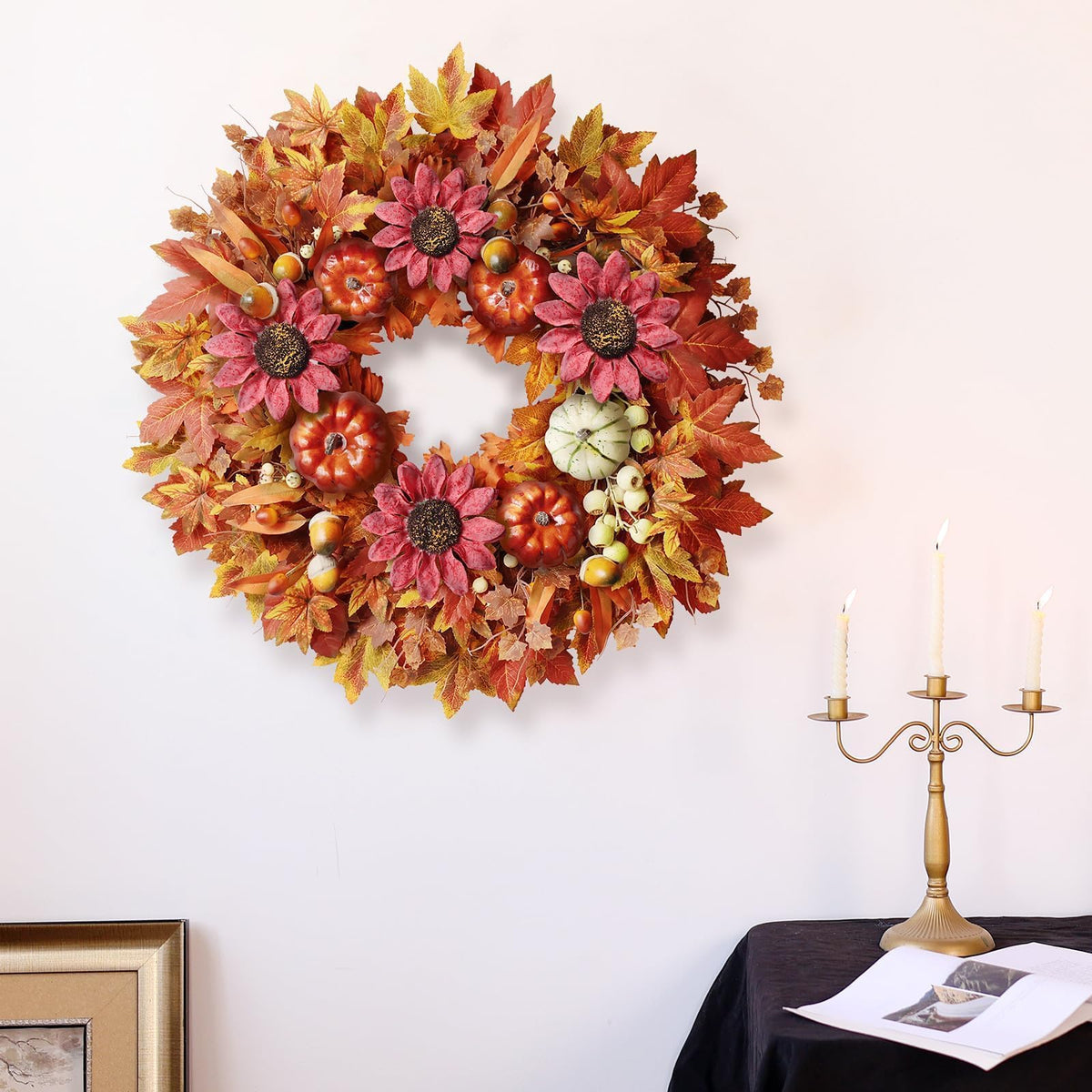 28'' Large Fall Wreath for Front Door, Porch, Window- Artificial Maple Leaves Fake Pumpkins Faux Acorns Sunflower Outdoor Autumn Wreath for Home, Farmhouse Wall Thanksgiving Day Harvest Festival Decor