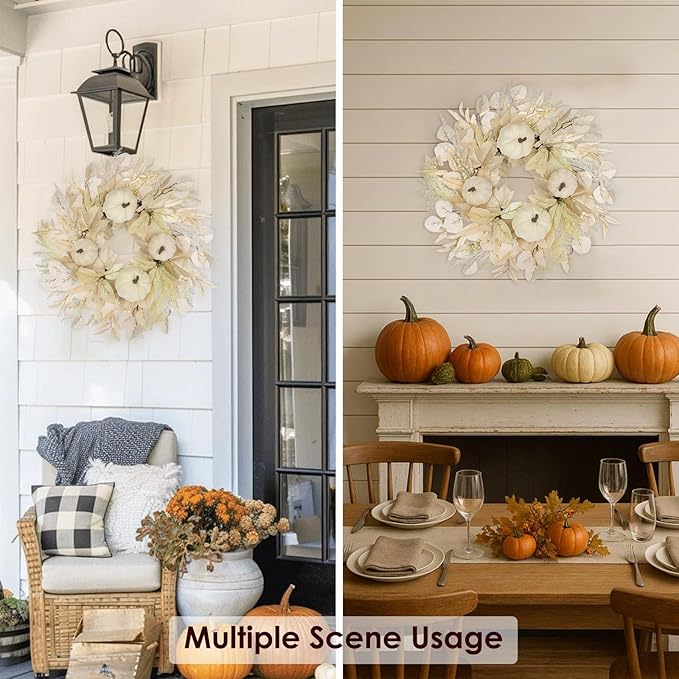 Briful 16'' Cream White Pumpkin Wreath for Fall – Rustic Autumn Front Door Wreath with Faux Leaves, Seeded Branches & Grapevine Base – Farmhouse Thanksgiving Wall Decor for Indoor, Covered Outdoor