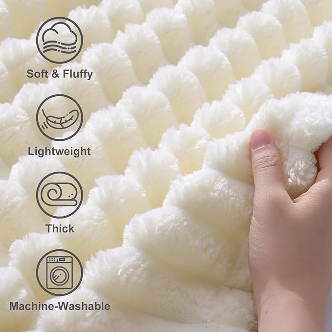 decorUhome Christmas Soft Fleece Cream White Throw Blanket for Couch, Cozy Fluffy Plush Flannel Striped Blanket for Sofa Bed, Lightweight Decorative Ribbed Fuzzy Blanket for Woman, 50x60 Inches