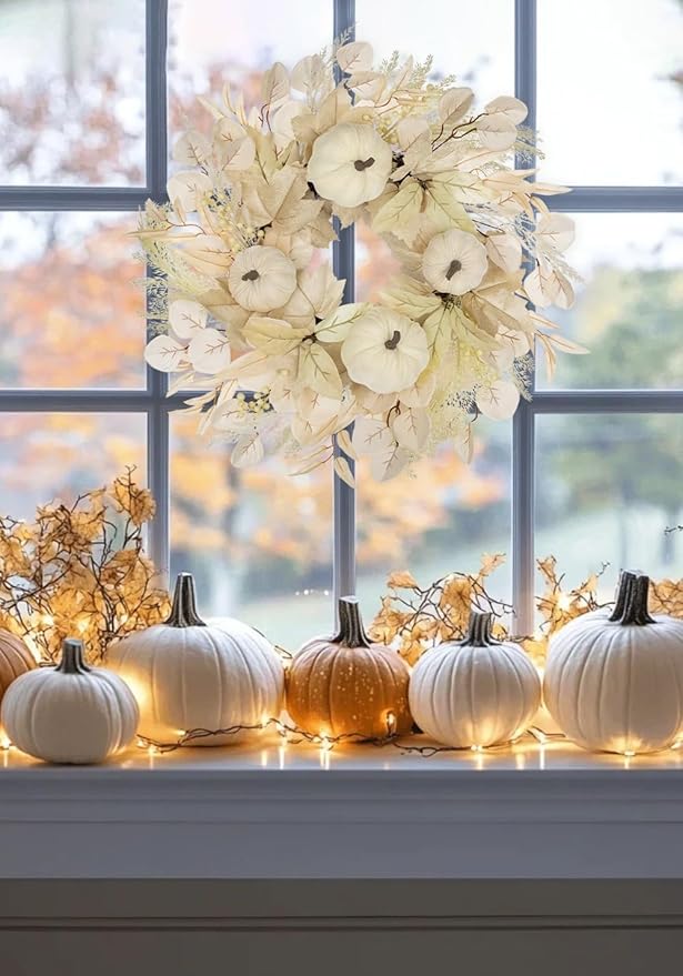 Briful 16'' Cream White Pumpkin Wreath for Fall – Rustic Autumn Front Door Wreath with Faux Leaves, Seeded Branches & Grapevine Base – Farmhouse Thanksgiving Wall Decor for Indoor, Covered Outdoor