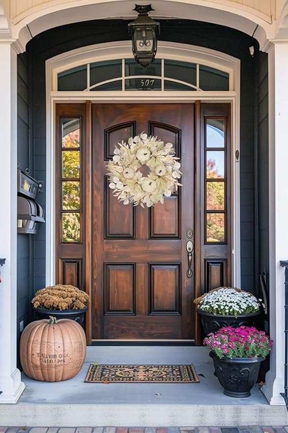 Briful 16'' Cream White Pumpkin Wreath for Fall – Rustic Autumn Front Door Wreath with Faux Leaves, Seeded Branches & Grapevine Base – Farmhouse Thanksgiving Wall Decor for Indoor, Covered Outdoor