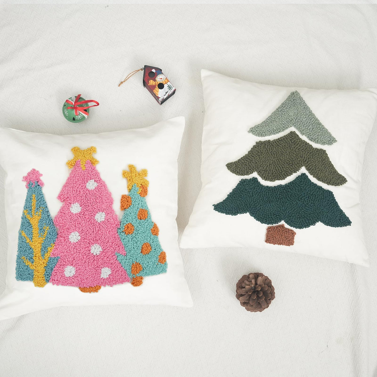 GEEORY Christmas Pillow Covers 18x18 Inch, Canvas Embroidered Xmas Tree Throw Pillows, Farmhouse Home Decoration Cushion Case for Sofa & Bed (Pink
