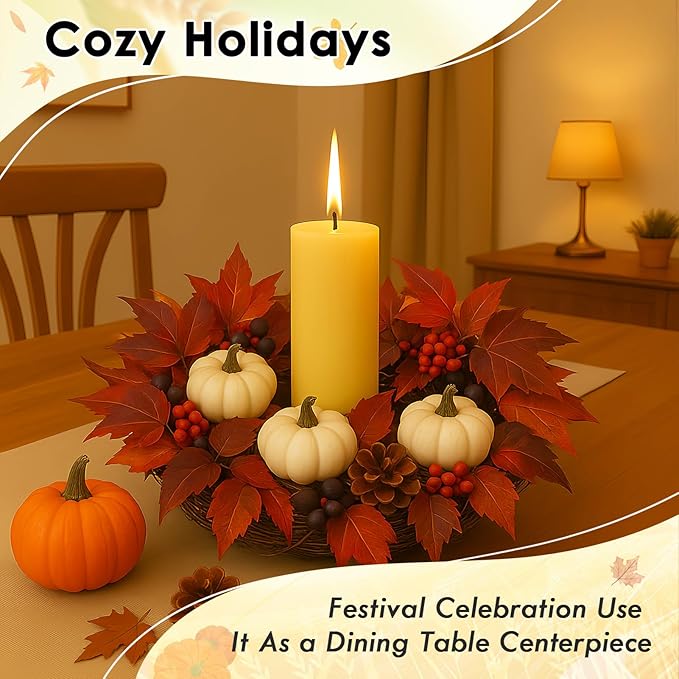 Fall Wreaths for Front Door Outside Decor, 20" Berries Brown Maple Leaves Pumpkins Wreath Decorations with Bow and Hanging Sign for Thanksgiving Home Outdoor Indoor Porch Harvest Autumn