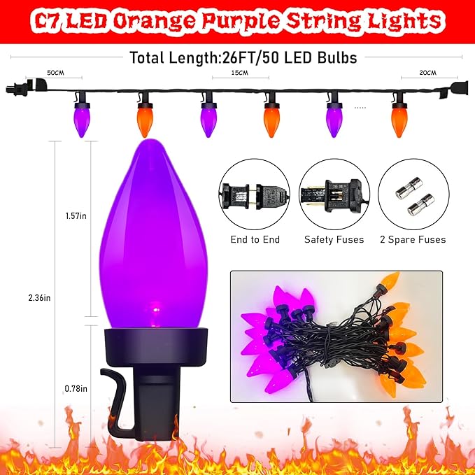 Purple and Orange Halloween Lights, 26Ft Halloween Outdoor String Lights with 50 LED Orange Purple Light, Waterproof Halloweens Decorations for Outdoor Indoor Patio Home Party Garden Yard
