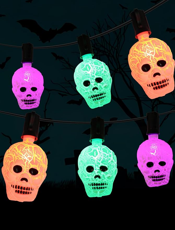 10.5ft Halloween Skull Lights Plug In, UL Certified Connectable String Lights for Outdoor Indoor Halloween Decor, Waterproof Spooky Decorations with Spare Bulb & Clips for Yard, Party, Porch