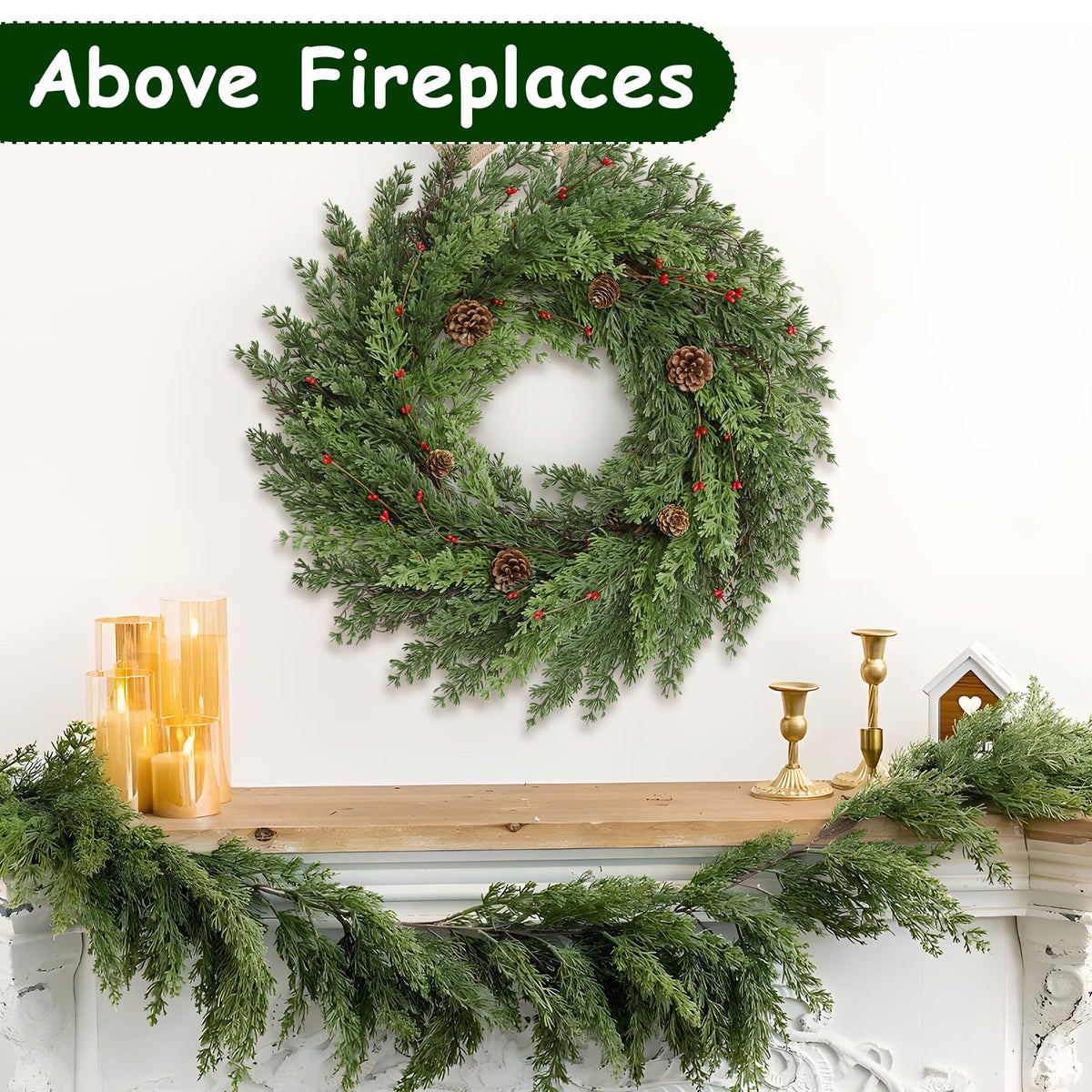Waipfaru 24 Inch Christmas Wreaths for Front Door, Real Touch Cedar Wreath, Artificial Green Pine Reef for Front Door Windows Indoor Outdoor Holiday Xmas Decoration