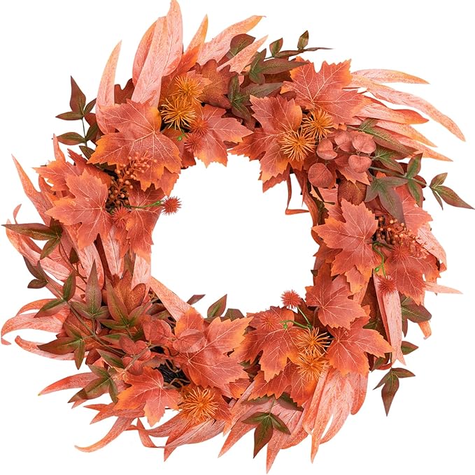 Fall Wreath for Front Door-20 Autumn Front Door Wreath-Fall Decorations with Berry Maple Leaves for Porch Window Farmhouse Halloween Thanksgiving Harvest Festival Home Decor