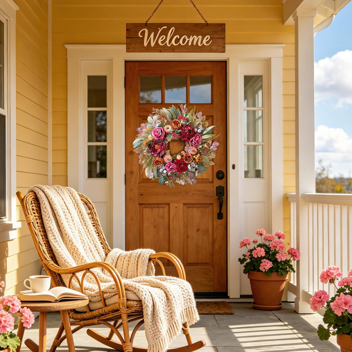 WANNA-CUL 24 Inch Fall Floral Wreath for Front Door with Roses Dahlias Hydrangeas&Pumpkins, Artificial Autumn Harvest Wreath Thanksgiving Farmhouse Decor for Table Wall Mantel Window Indoor Outdoor