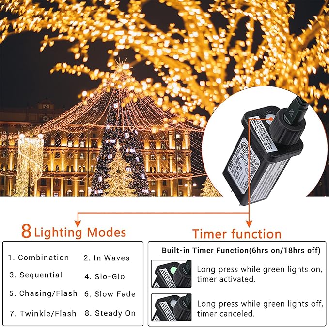 Christmas Lights Warm White, 75 Ft 200 LED Christmas String Lights Connectable, 8 Modes, Timer, Waterproof Fairy Twinkle Light for Party, Garden, Patio, Home, Wedings, Holiday, Xmas Tree Decorations