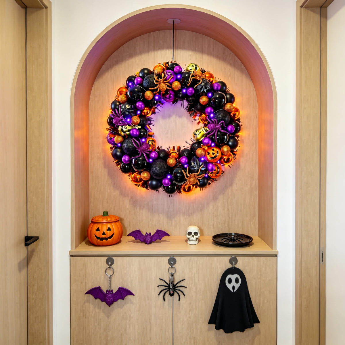 HipTree 17 Inch Halloween Ball Wreath for Front Door with Lights, Lighted Cute Treat-or-Trick Door Wreath Ball Ornament for Halloween Indoor Decorations Centerpiece Party Holiday Wall Home Decor