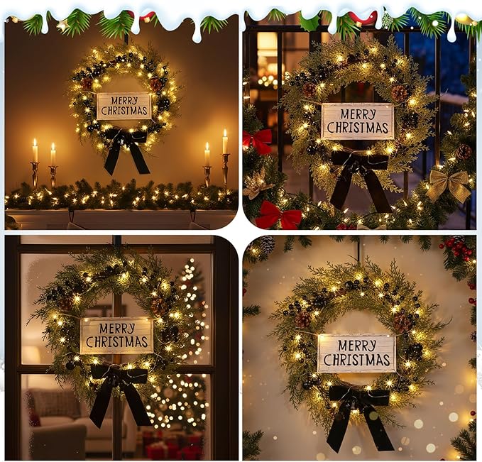 Lighted Christmas Wreath for Front Door with Metal Hanger 16'' Artificial Norfolk Wreath with Velvet Bow LED Lights Jingle Bells Pinecone Berries Christmas Holiday Winter Decor(Black)