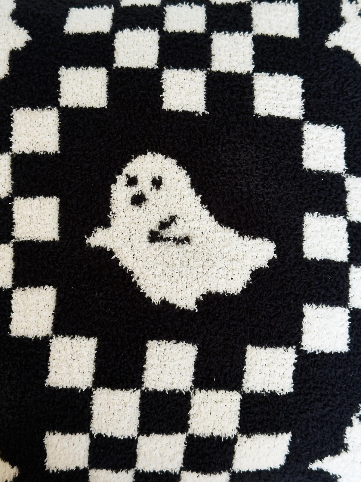 Ultra Soft Cozy Checkered Ghost Happy Halloween Knitted Throw Pillow Cover Fluffy Microfiber Checkerboard pillocase Lightweight Decorative for Sofa Bed 18 Inches Both Sides Black