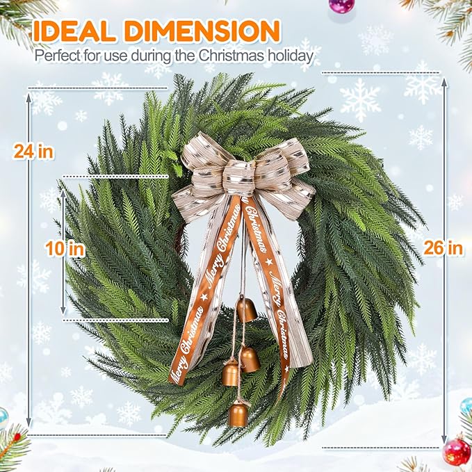 Real Touch Norfolk Pine Wreath for Front Door, 24'' Christmas Wreaths with Bow & Bells, Large Faux Cedar Pine Green Wreath for Wall Window Home Farmhouse Decorations Outdoor Indoor