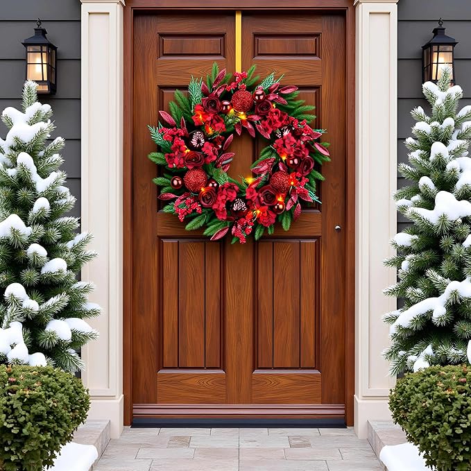 YULETIME 24" Christmas Wreath, Artificial Holiday Wreath with Baubles, Berries, Leaves, Spruce Branches, Snowy Pine Needles (Red Hydrangea)