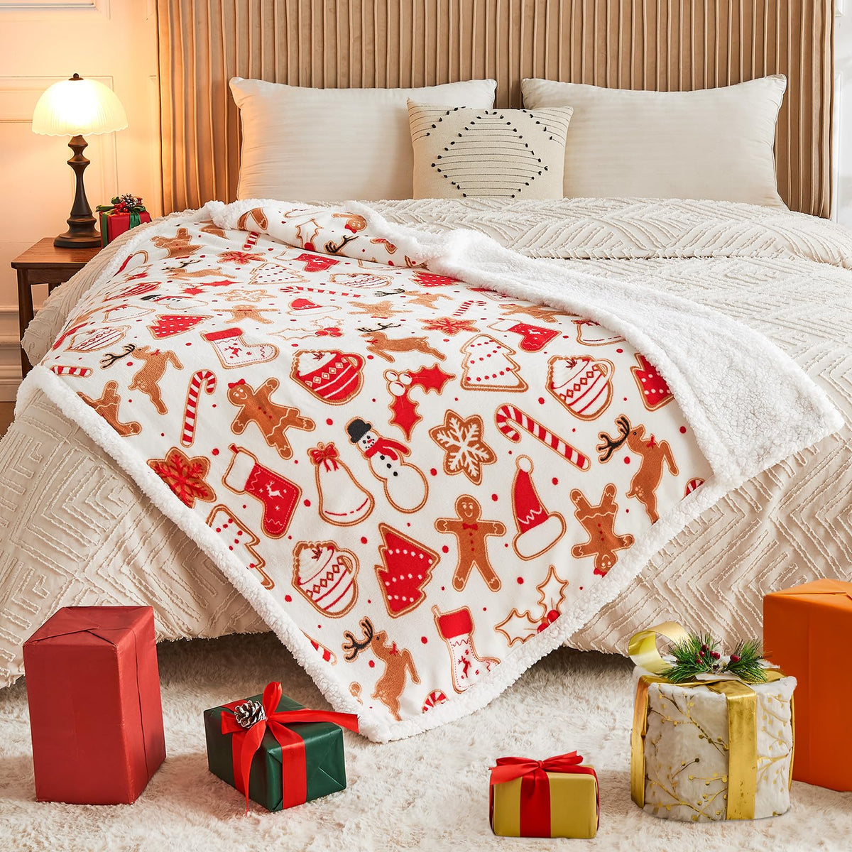NORD ECO Christmas Throw Blanket, Christmas Decorations Gifts for Women, Sherpa Flannel Fleece Winter Holiday Blanket, Fluffy Cozy Soft Christams Throws for Couch Sofa Bed, Gingerbread, 50" X 60"