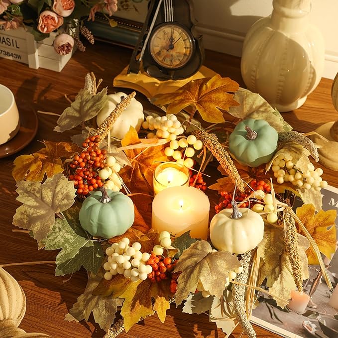 Fall Wreaths for Front Door in 20 inch, Artificial Autumn Leaves with White and Blue Pumpkins, Orange Berries, Farmhouse Fall Decorations, Front Door, Wall, Wedding, Thanksgiving, Autumn