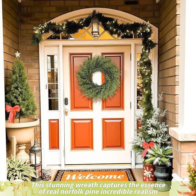 26 inch Norfolk Pine Wreath, Realistic Christmas Wreath for Front Door,Artificial Real Touch Green Wreath Greenery for Door Wall Windows Mantle Outdoor Christmas Decoration