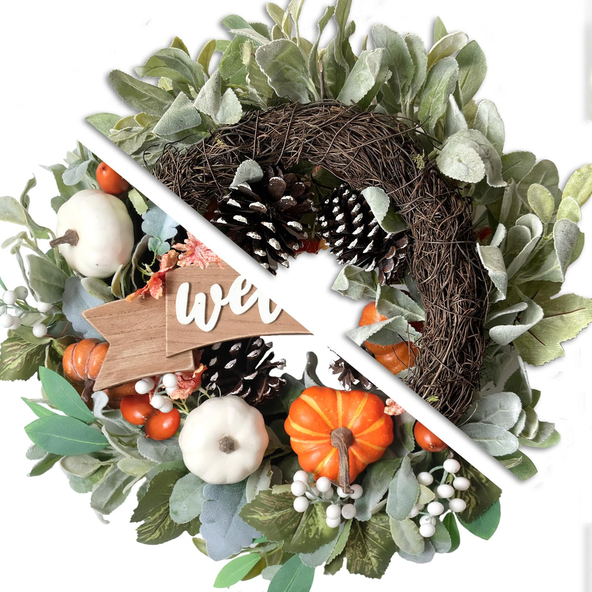 22 Inch Fall Pumpkin Wreath for Front Door with Welcome Wood Sign, White Orange Pumpkin Pinecone Acorn Wreath for Indoor and Outdoor, Autumn Door Decor