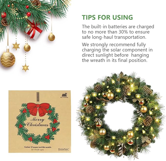 Solar Christmas Wreath 24 Inch Pre-Lit Solar 50 Led Artificial Wreath for Front Door Window Home Decor Decorated with Golden Pine Cones Christmas Balls Glitter Pine Branches (2402)