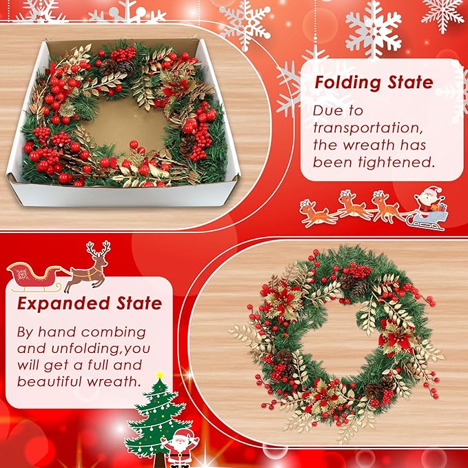 Christmas Wreaths for Front Door Outside Decor, 22" Berries Poinsettia Golden Leaves Pinecone Winter Artificial Wreath Decorations with Hanging Sign for Xmas Home Door Wall Window Fireplace Porch