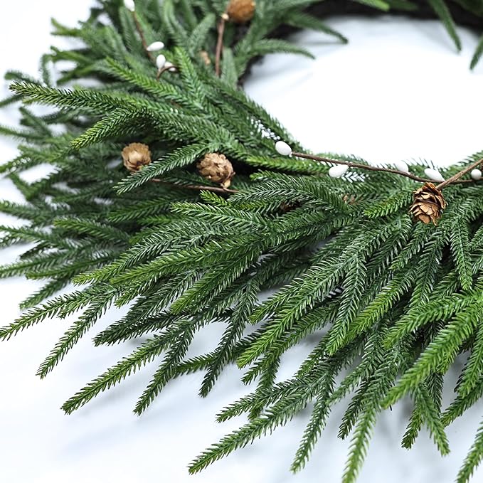 24 Inch Pine Wreath Christmas Wreaths for Front Door, Real Touch Pine Wreath with White Berries Artificial Green Wreaths for Walls Windows Porches Farmhouse Indoor Outdoor Home Decor