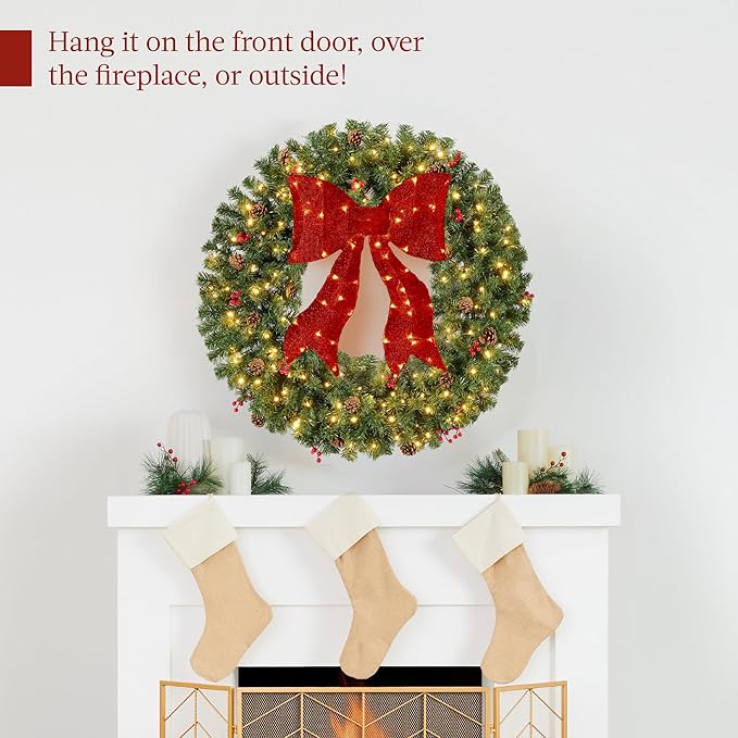 Best Choice Products 36in Pre-Lit Christmas Wreath w/Berries & Pinecones, Large Artificial Indoor/Outdoor Decor for Door, Mantel w/Red Bow, Plug-in