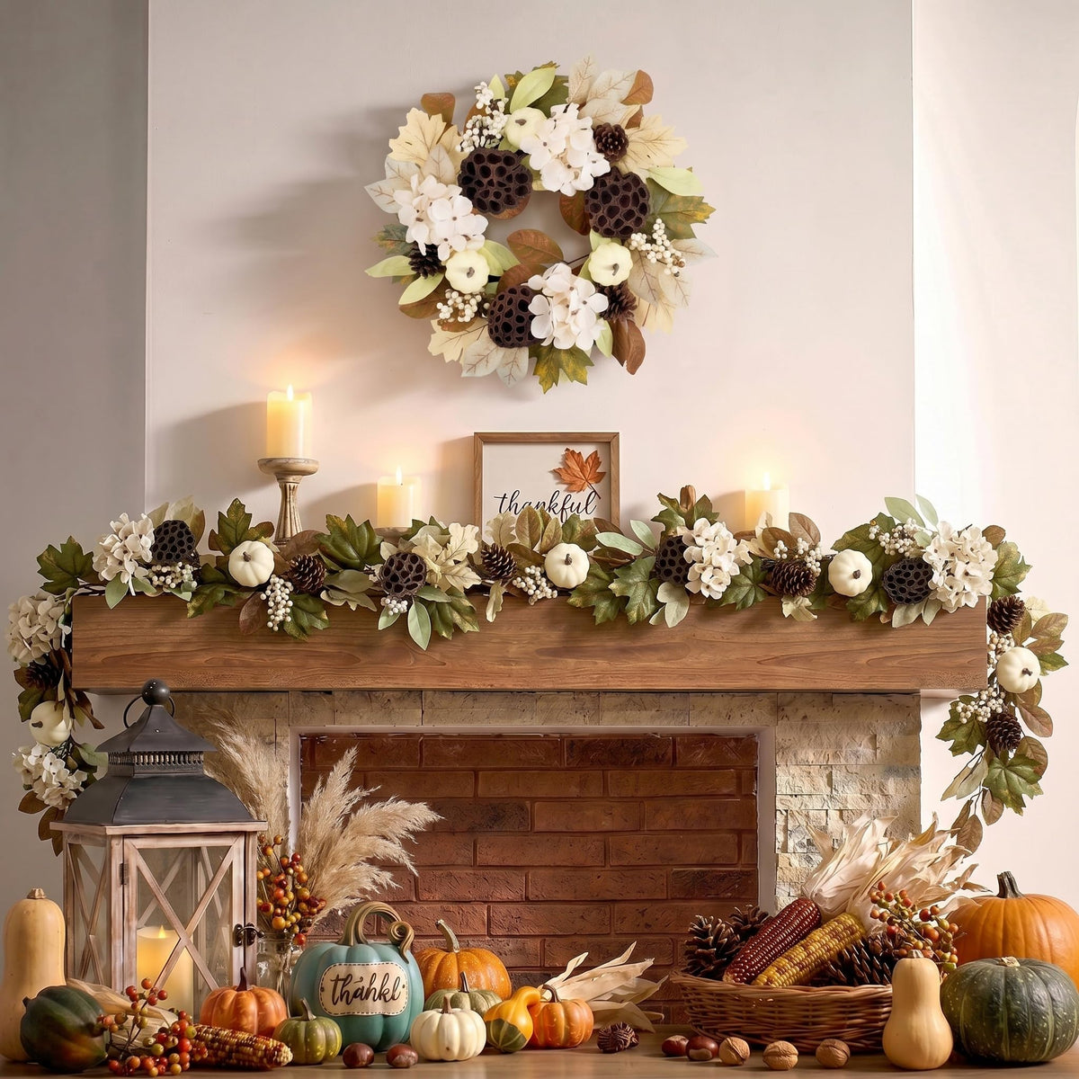 DecorbyHannah Fall Wreath for Front Door, 18 Inch Pre-Lit Autumn Harvest Thanksgiving Wreath with Light, Artificial Pumpkin Hydrangea Pinecone Lotus Maple Leaf Door Decor for Porch Wall Indoor Outdoor