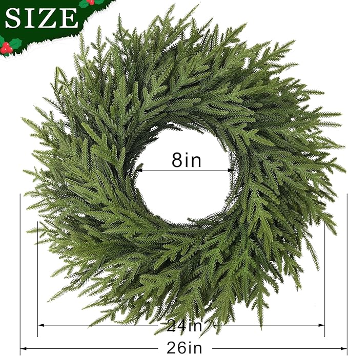 26" Norfolk Pine Wreath for Front Door, Artificial Christmas Wreaths Faux Green Fake Pine Needles Wreath for Front Door Wall Windows Indoor Outdoor Christmas Decor