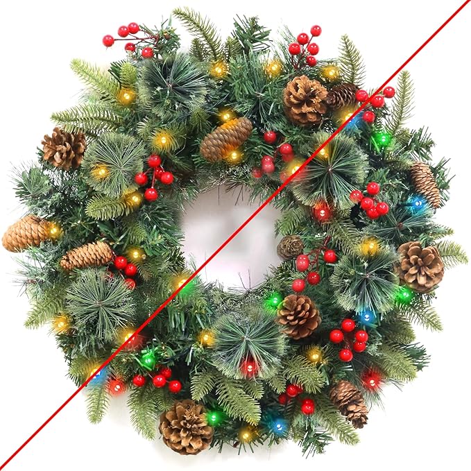 Christmas Wreaths for Front Door, Prelit Christmas Wreath with 30 Warm White & Colorful Lights 8 Modes Timer Pinecones Berried Norfolk Pine Wreath 20 Inch Xmas Wreath Decorations for Door Wall Windows