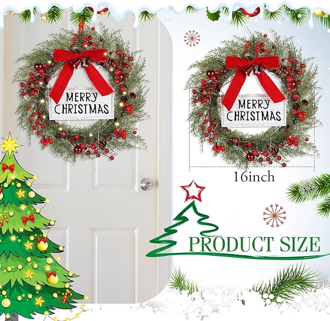 Lighted Christmas Wreath for Front Door with Metal Hanger 16'' Artificial Norfolk Wreath with Velvet Bow LED Lights Jingle Bells Pinecone Berries Christmas Holiday Winter Decor(Red)