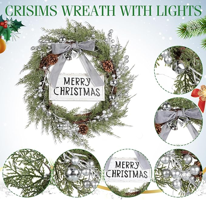 Lighted Christmas Artificial Cedar Wreath for Front Door with Hanger Christmas Wreaths Faux Norfolk with Velvet Bow LED Lights Jingle Bells Pinecone Berries Indoor Window Xmas Holiday Decor(Silver)