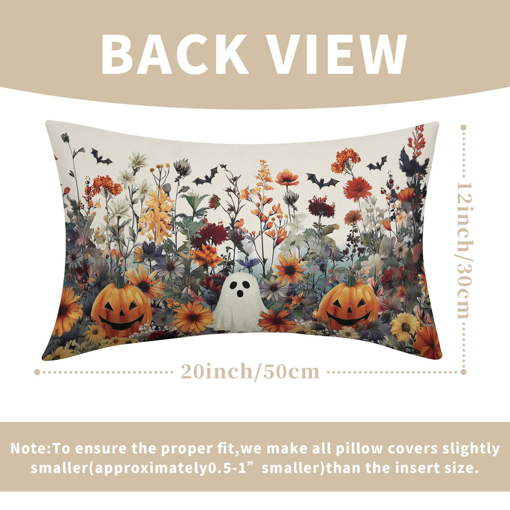 Halloween Pillow Covers 12x20 Inch Set of 2 Ghost Pumpkins Bats and Wildflower Horror Cotton Linen Decorative Throw Pillow Cases Spooky Holiday Cushion Covers for Bedroom Living Room Sofa Couch Chair