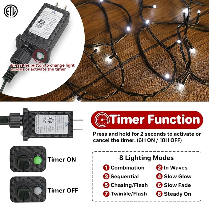 264FT 800 LED Christmas Lights with Timer, Twinkle Fairy Lights String with 8 Flashing Modes String Lights for Indoor Bedroom Outdoor Christmas Trees Garland Wreath Holiday Decorations, Cool White