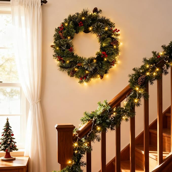 24 Inch Artificial Pre-Lit Christmas Wreath with Suction Cup Hook, Mixed Pine Decorated Frosted Berries, Pinecones, 50 LED Lights, Battery Operated, Holiday Decoration for Front Door, Outdoor