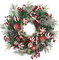 24 inch Christmas Door Wreath, Norfolk Pine Wreaths for Front Door with Candy Cane Red and White Ball Pinecones Berries for Fireplace Xmas Decorations, Wall Window Indoor Outdoor Decor