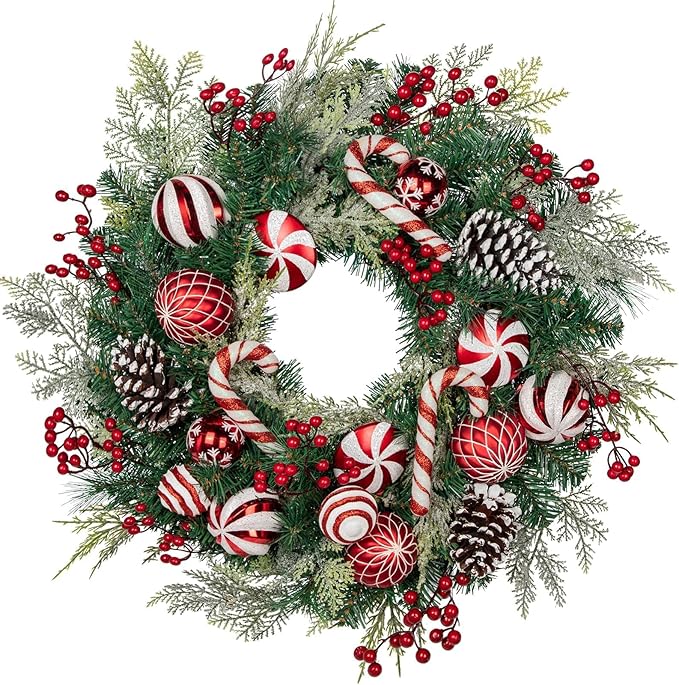 24 inch Christmas Door Wreath, Norfolk Pine Wreaths for Front Door with Candy Cane Red and White Ball Pinecones Berries for Fireplace Xmas Decorations, Wall Window Indoor Outdoor Decor