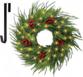 26'' Xmas Wreath with Lights,Large Norfolk Pine Wreaths with Red Berry and 50 LEDs, Battery Operated Christmas Reef with Timer for Door Window Winter Porch Decor