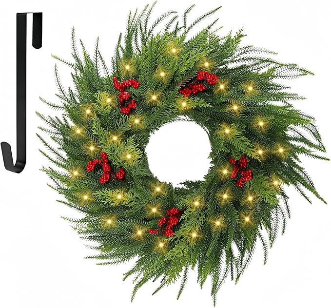26'' Xmas Wreath with Lights,Large Norfolk Pine Wreaths with Red Berry and 50 LEDs, Battery Operated Christmas Reef with Timer for Door Window Winter Porch Decor