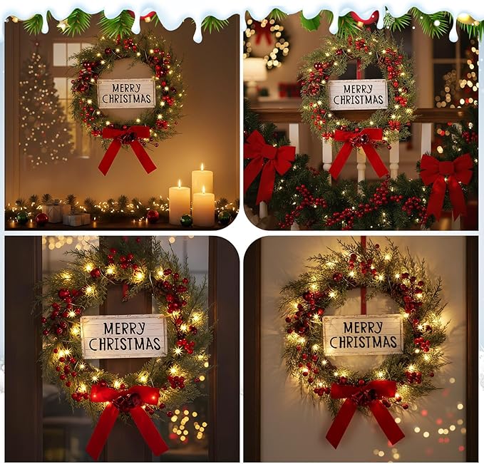 Lighted Christmas Wreath for Front Door with Metal Hanger 16'' Artificial Norfolk Wreath with Velvet Bow LED Lights Jingle Bells Pinecone Berries Christmas Holiday Winter Decor(Red)