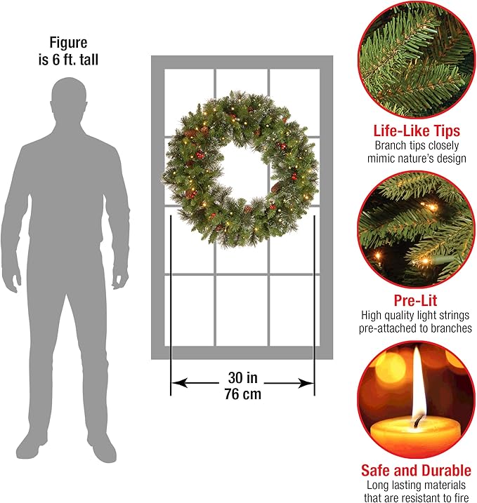 National Tree Company Pre-Lit Artificial Christmas Wreath, Green, Carolina Pine, White Lights, Decorated with Pine Cones and Glitter, Berry Clusters, Christmas Collection, 30 Inches