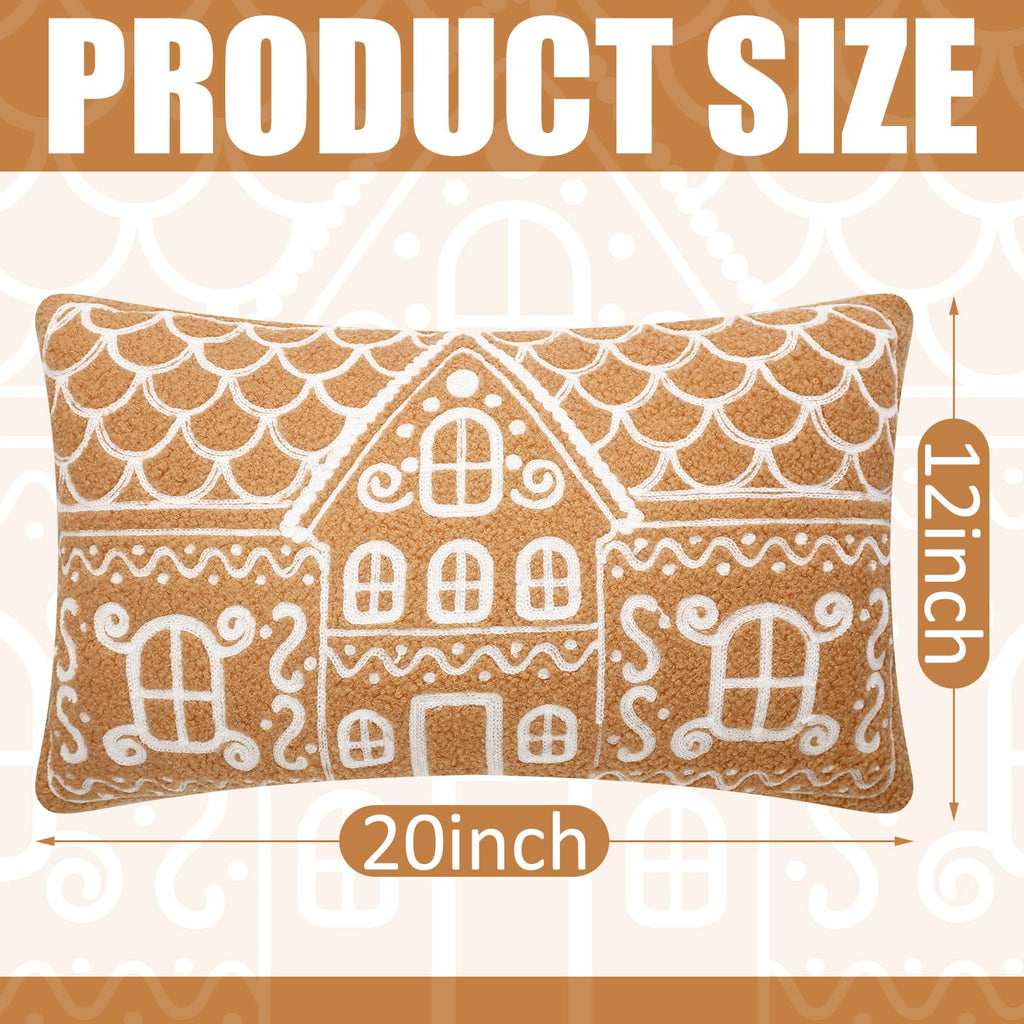 Tudomro Christmas Gingerbread House Pillow Covers 12x20 Inch Gingerbread House Shaped Embroidered Sherpa Holiday Decorative Throw Pillow Cases for Xmas Home Bedroom Couch(Retro,Brown)