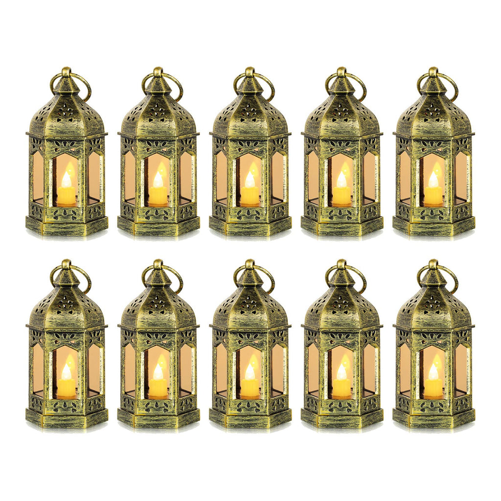 Romadedi Mini Lanterns Decorative for Centerpiece: 10pcs Hanging Small Gold Lantern Bulk with Flickering LED Candles for Wedding Decor Party Table Decorations Christmas Halloween, Batteries Included