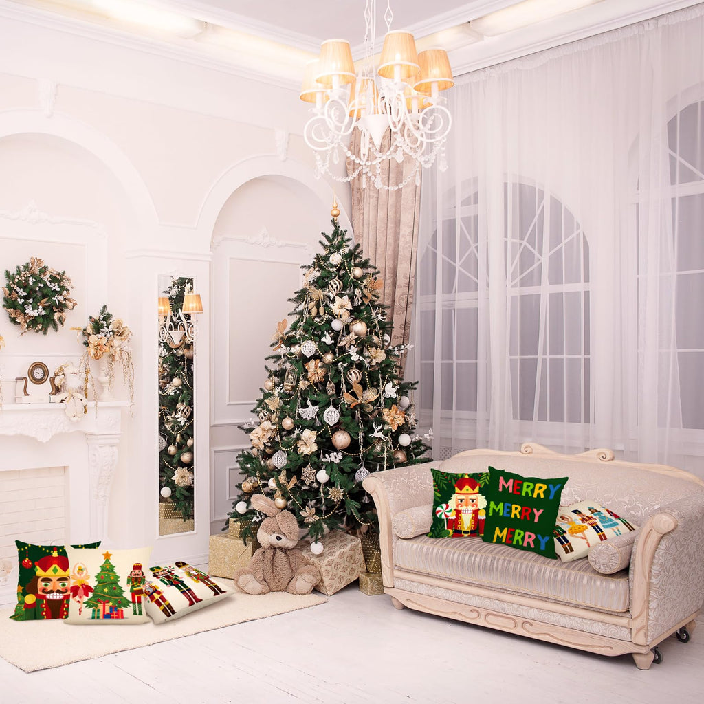 Tatuo 6 Pcs Christmas Santa Claus Nutcracker Throw Pillow Cover Nutcracker Santa Cushion Decoration 18 x 18 Inch Pillowcase Holiday Decoration for Sofa Couch Bed