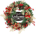 Christmas Wreaths for Front Door Outside Decor, 22" Berries Poinsettia Golden Leaves Pinecone Winter Artificial Wreath Decorations with Hanging Sign for Xmas Home Door Wall Window Fireplace Porch