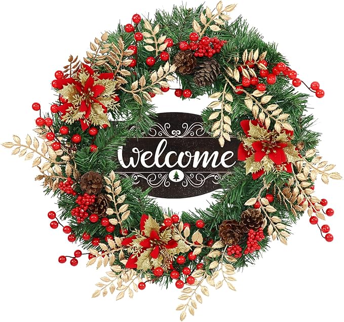 Christmas Wreaths for Front Door Outside Decor, 22" Berries Poinsettia Golden Leaves Pinecone Winter Artificial Wreath Decorations with Hanging Sign for Xmas Home Door Wall Window Fireplace Porch