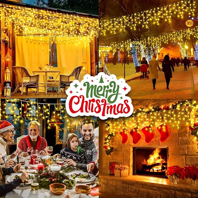 164FT 1600 LED Christmas Lights Outdoor Decorations with 320 Drops Timer 8Mode Curtain String Lights Waterproof Plug in Fairy Lights for Indoor,Xmas,Party,Patio,Window,Fence,Trees Decor(Warm White)