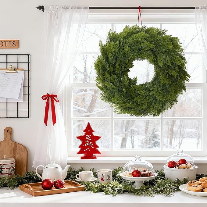 Joyhalo 26" Realistic Christmas Cedar Wreaths for Front Door, Real Touch Norfolk Pine Wreath Artificial Everygreen Wreath for Walls, Porches, Farmhouse Outdoor Christmas Decor