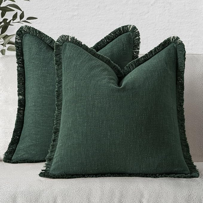 MIULEE Christmas Decorative Throw Pillow Covers Neutral Linen Fringe Throw Pillows Euro Shams Set of 2 Army Green Boho Farmhouse Cushion Covers for Couch Sofa Bed Living Room Home Decor 22x22 Inch